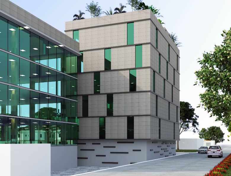 Global Pharmaceutical modern glass building in Liberia